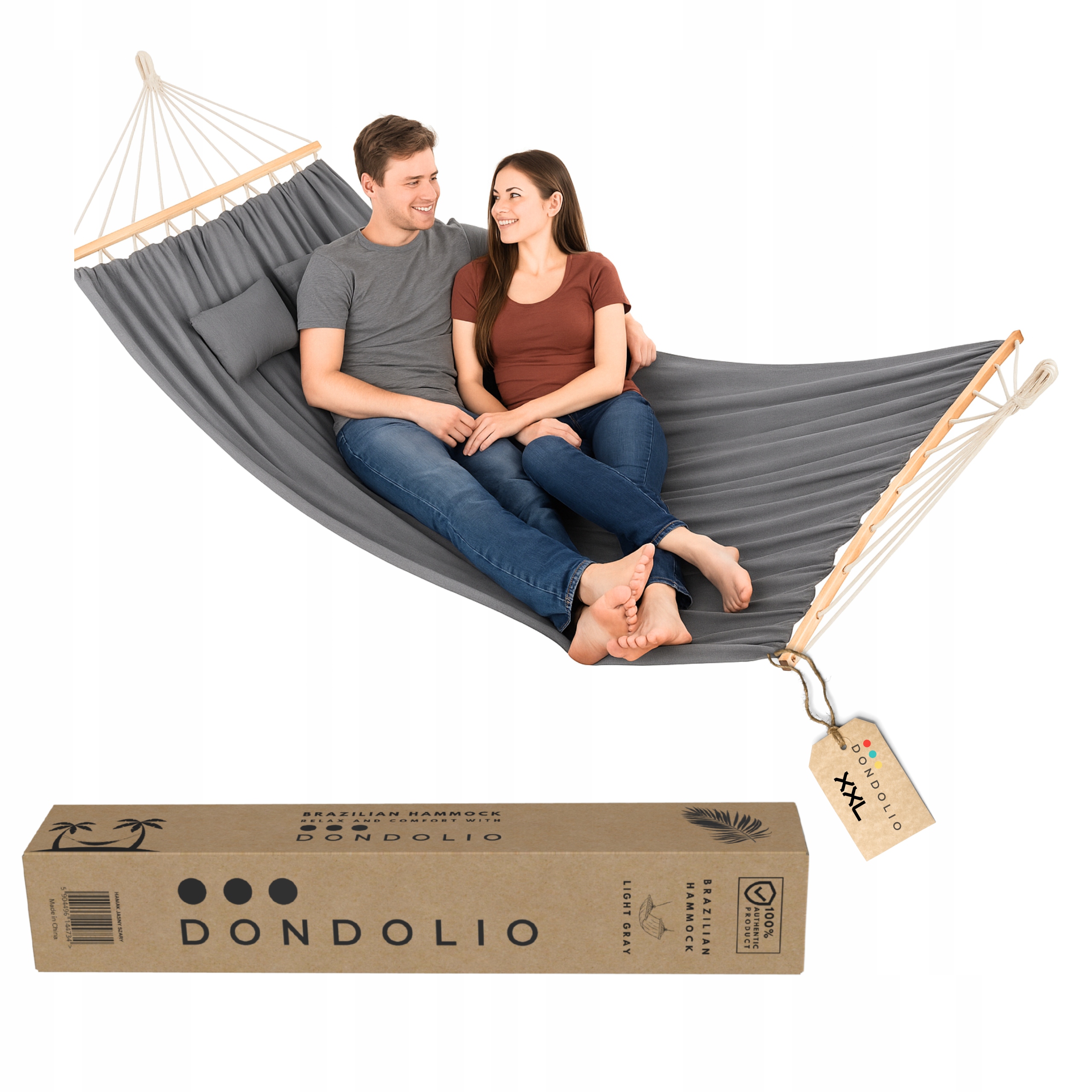 Hamak Ogrodowy Duży XXL Szary Boho Z Drążkiem 2 Poduszki udźwig 220KG