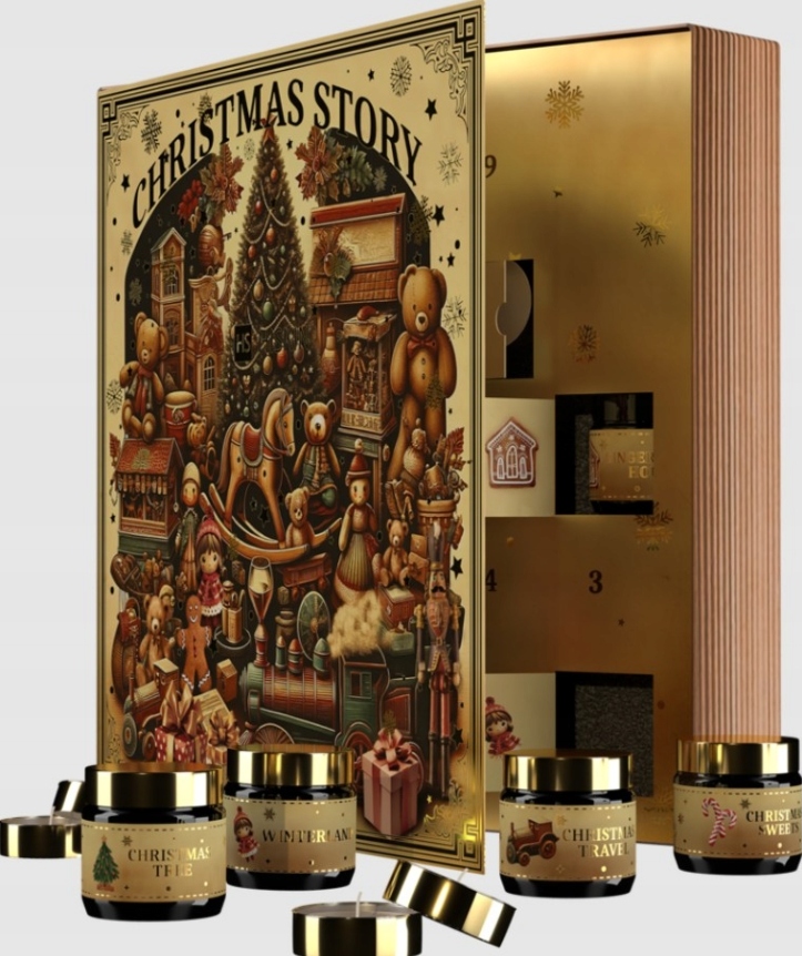 Адвент-календарь Christmas Story в форме книги, 24 соевые свечи в стекле и чайные свечи — фото 5
