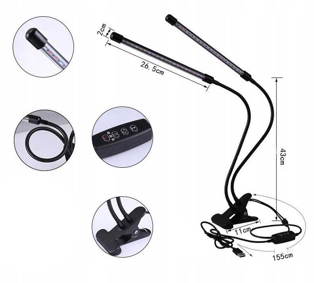 2x LAMPA PANEL DO WZROSTU UPRAWY ROŚLIN FULL SPECTRUM TIMER USB 18W 40 LED Pobór prądu 18 W