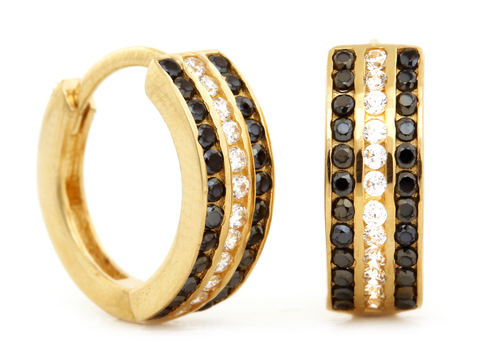 Náušnice zlaté kruhy 585 s černými a bílými zirkony pro ni