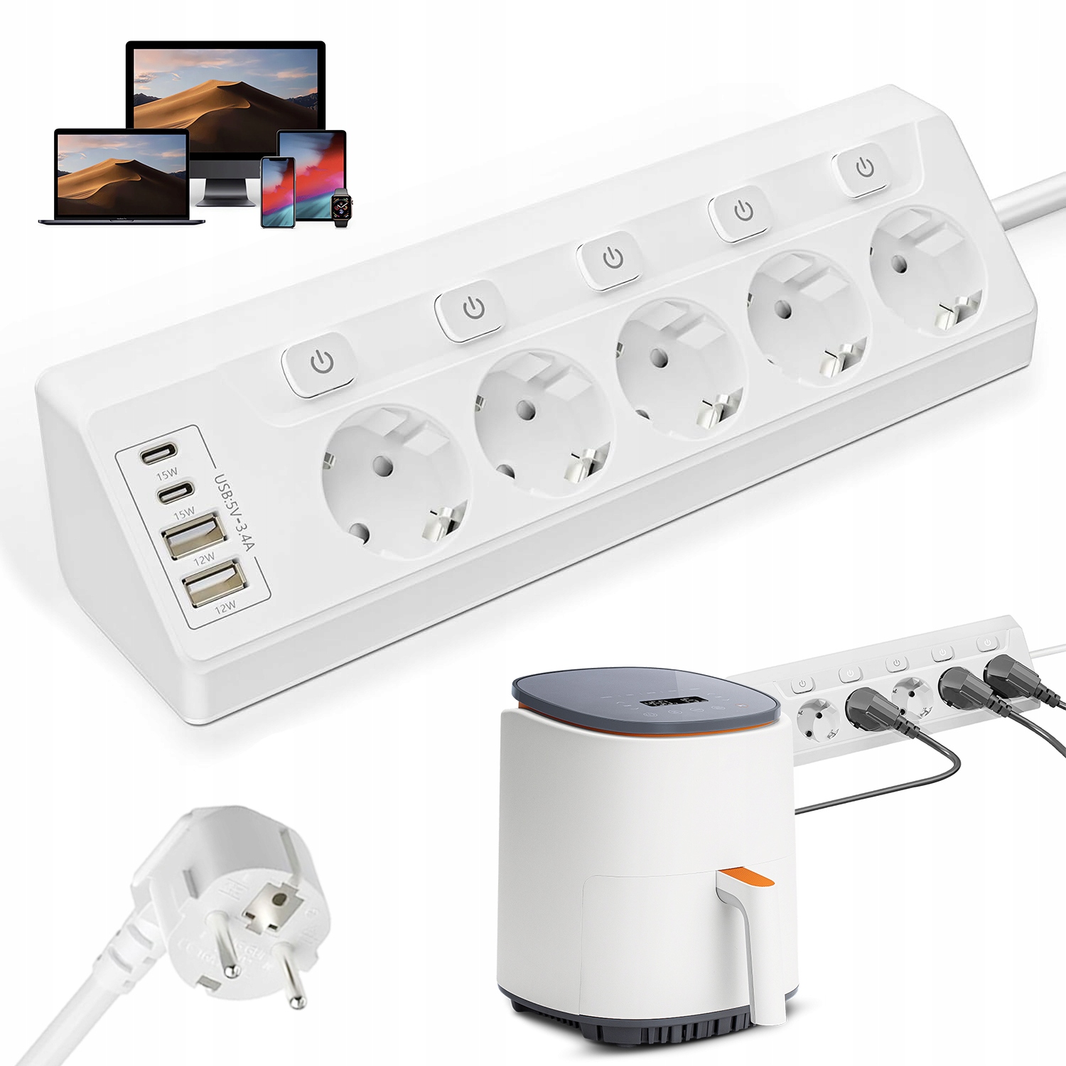 Zásuvková Lišta 4XAC 2X Usb-a 2X Usb-c Vypínač 2M Bílá