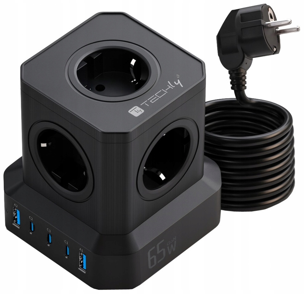 Kostka Zasilająca Power Cube 65W GaN 3x Usb-c, 2x Usb-a, 5x 230V Ac Techly