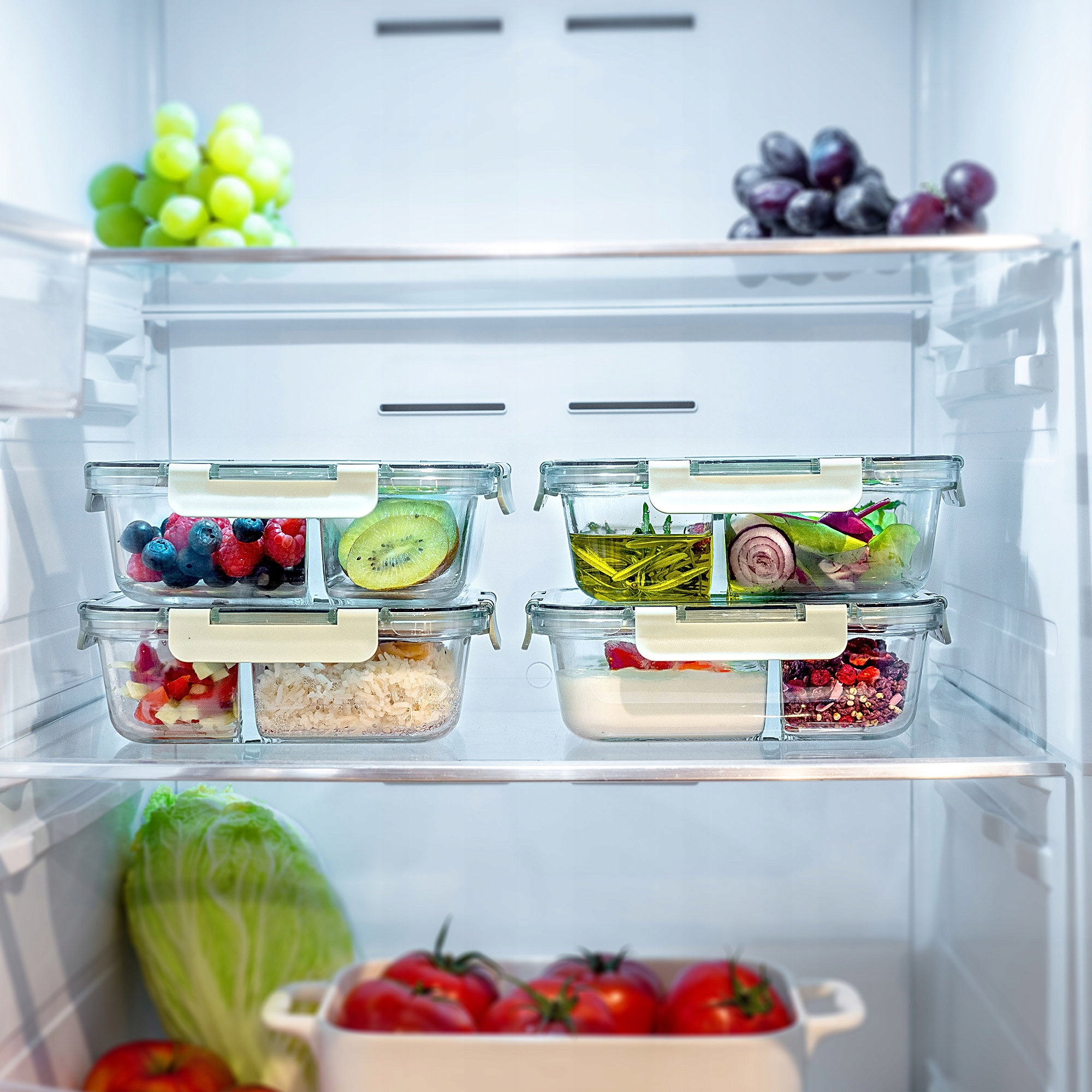 POJEMNIKI NA ŻYWNOŚĆ SZKLANY ZESTAW POJEMNIKÓW 4x 1L Z PRZEGRODAMI LUNCHBOX Pojemność 4 l