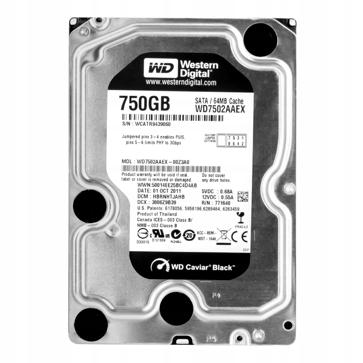 Wd Caviar Black 750GB 7.2K 64MB Sata III 3.5'' WD7502AAEX