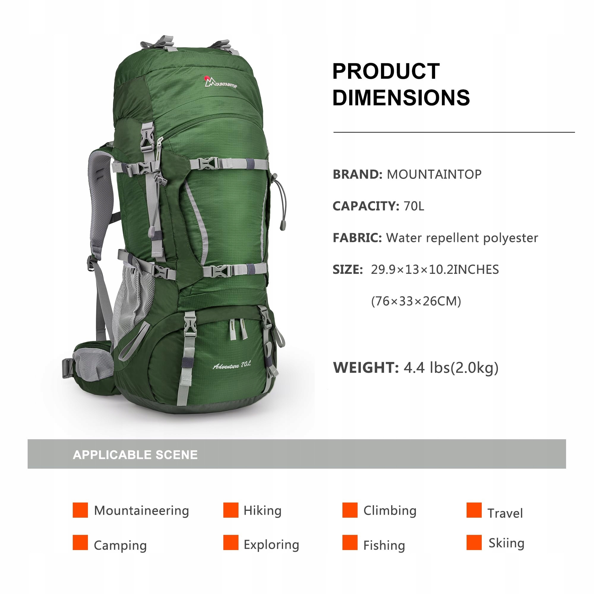 MOUNTAINTOP Plecak Trekkingowy 70L Wodoodporny Na Wędrówki i Camping — miniatura 2
