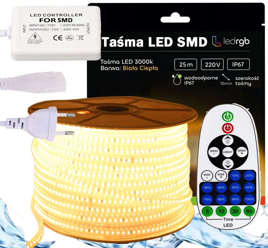 Set Led pásek Smd 230V 25 m 3000K Bílý Teplý Stmívač Dálkový Ovladač Ir IP67