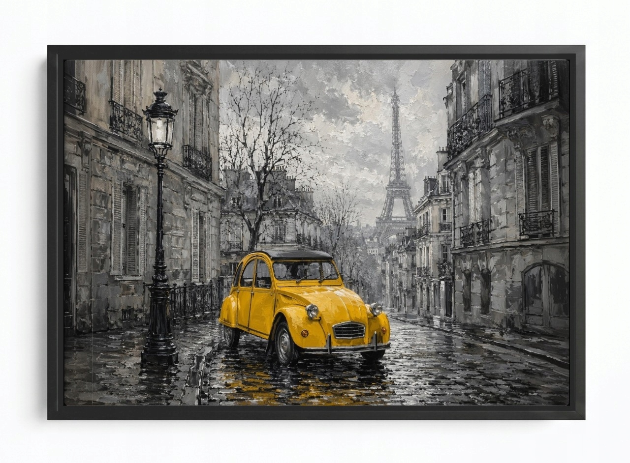 Obraz Rám American Box Město Francie Paříž Ulička Žluté Auto 60x40