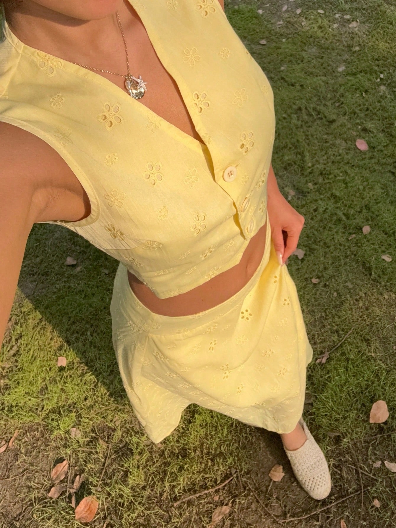 Dámský Letní Ažurový Stylový Módní Žlutý Casual Komplet Shein Xs 34