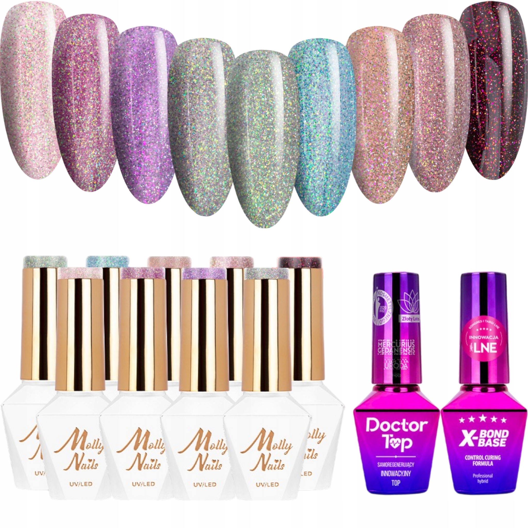 9 x Hybridní lak Mollynails 8 g Shocking Shine Báze Top Set Brokát