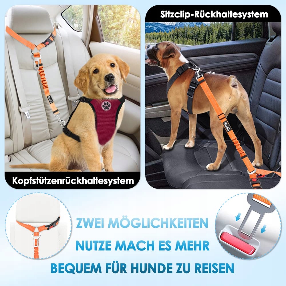 SLOWTON Pas Samochodowy Dla Psa 2w1 Regulowany Odbijający Zaczep — miniatura 2