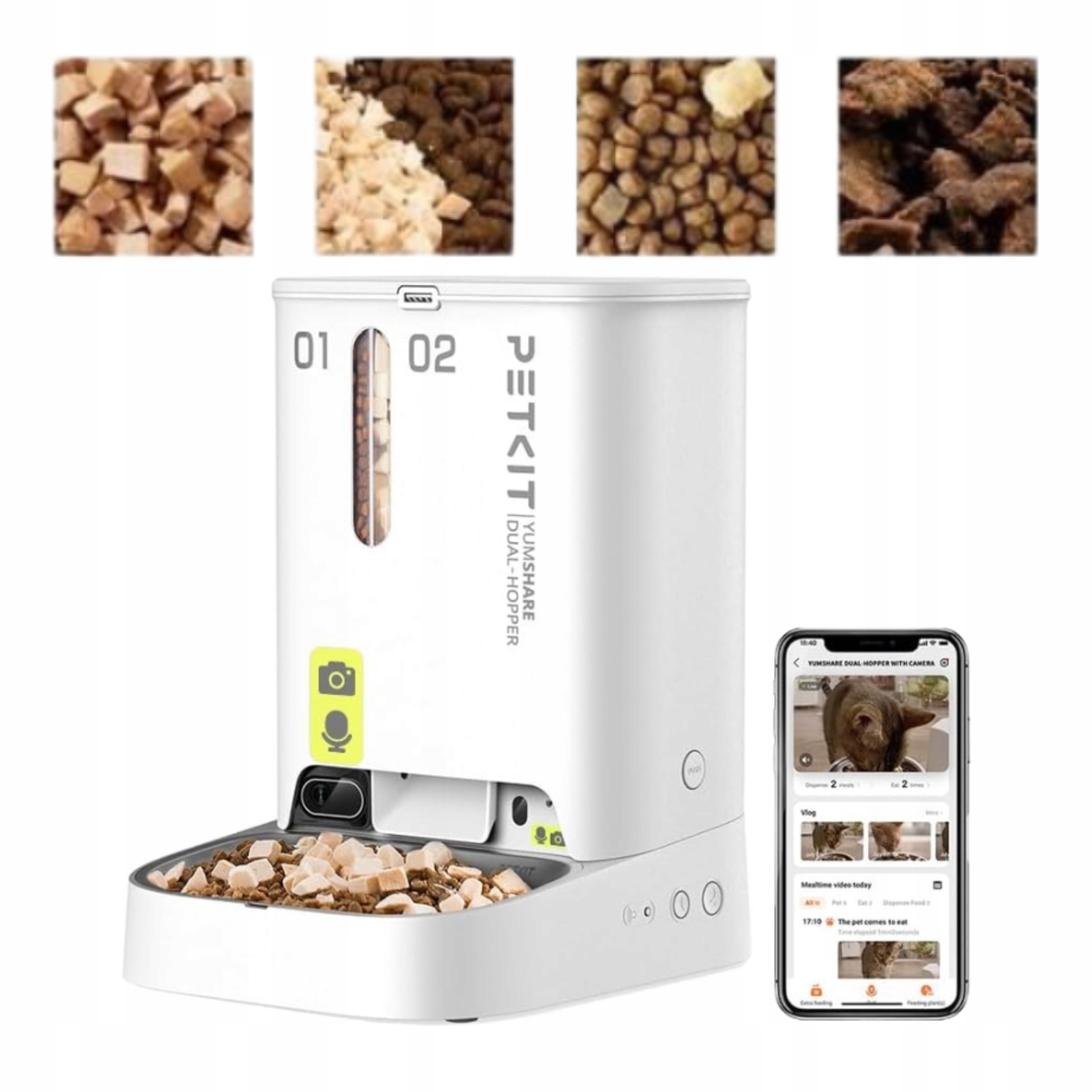 Levně Dávkovač krmiva Automatický 5L Kamera 1080P WiFi Ai Kočka Pes Dvojitý Trychtýř