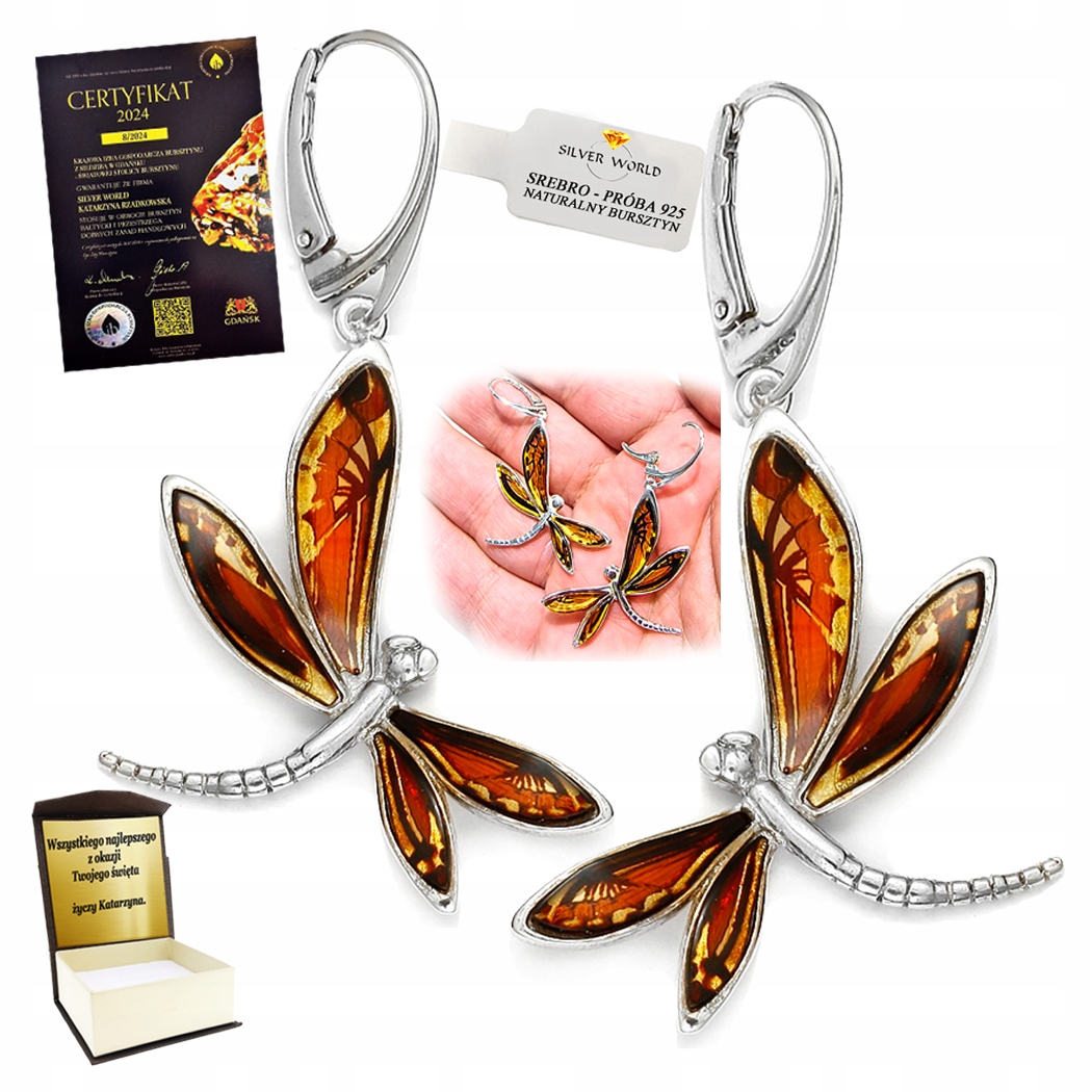 Stříbrné Náušnice S Jantarem Umělecké Vyřezávané Vážky Gravírování Bonus
