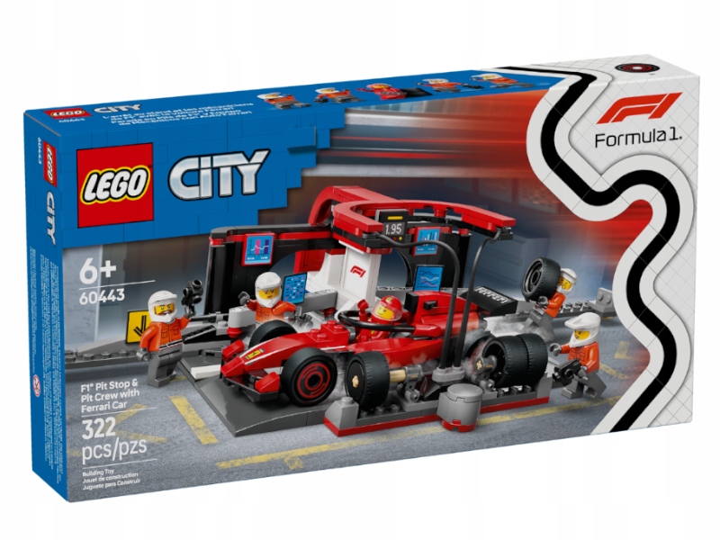 Lego 60443 City sada F1 Pit stop a mechanici s vozem Ferrari 6+ 322 Ks