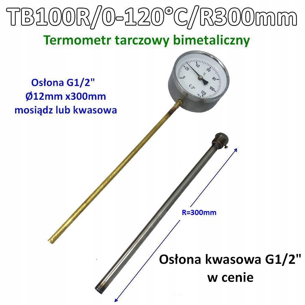TB100R 0-120°C R300 mm kyslá krytka G1/2" Bimetalický teplomer 100 mm