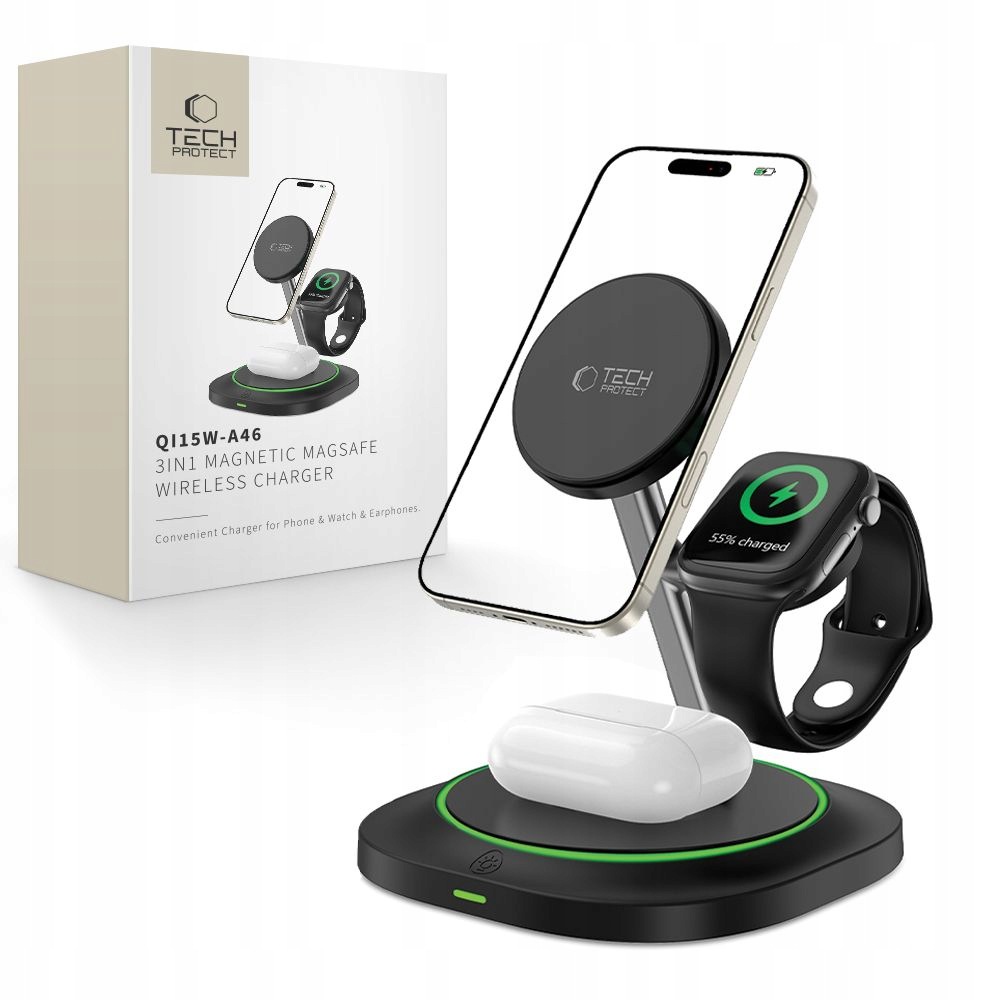 Tech-protect QI15W-A46 3IN1 Magnetic Magsafe Wireless Charger Černý