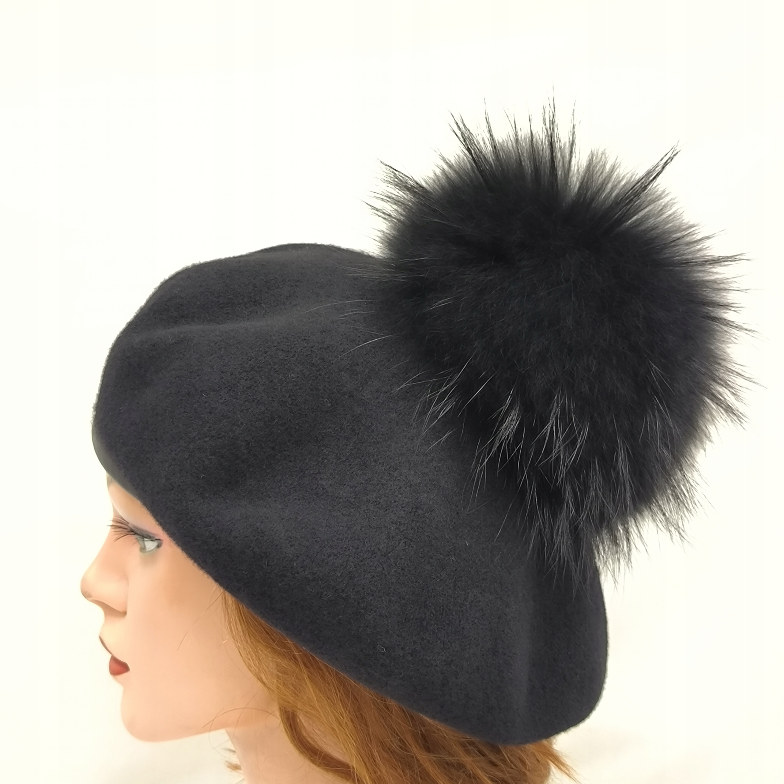 černý Český Beret s přírodním Velkým bambulem jenot Fezko Tonak flora