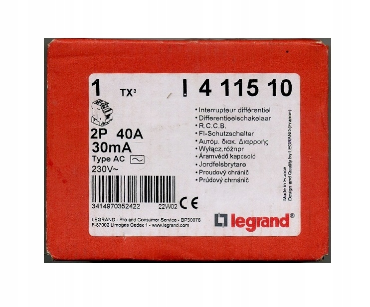 Wyłącznik Różnicówka Ac 2P 40A 30mA Legrand 411510