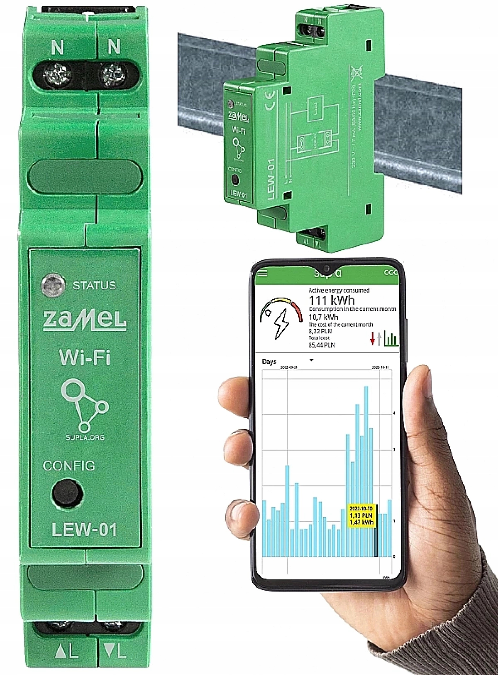 Jednofázový monitor elektrickej energie Supla 16A 1F WiFi LEW-01