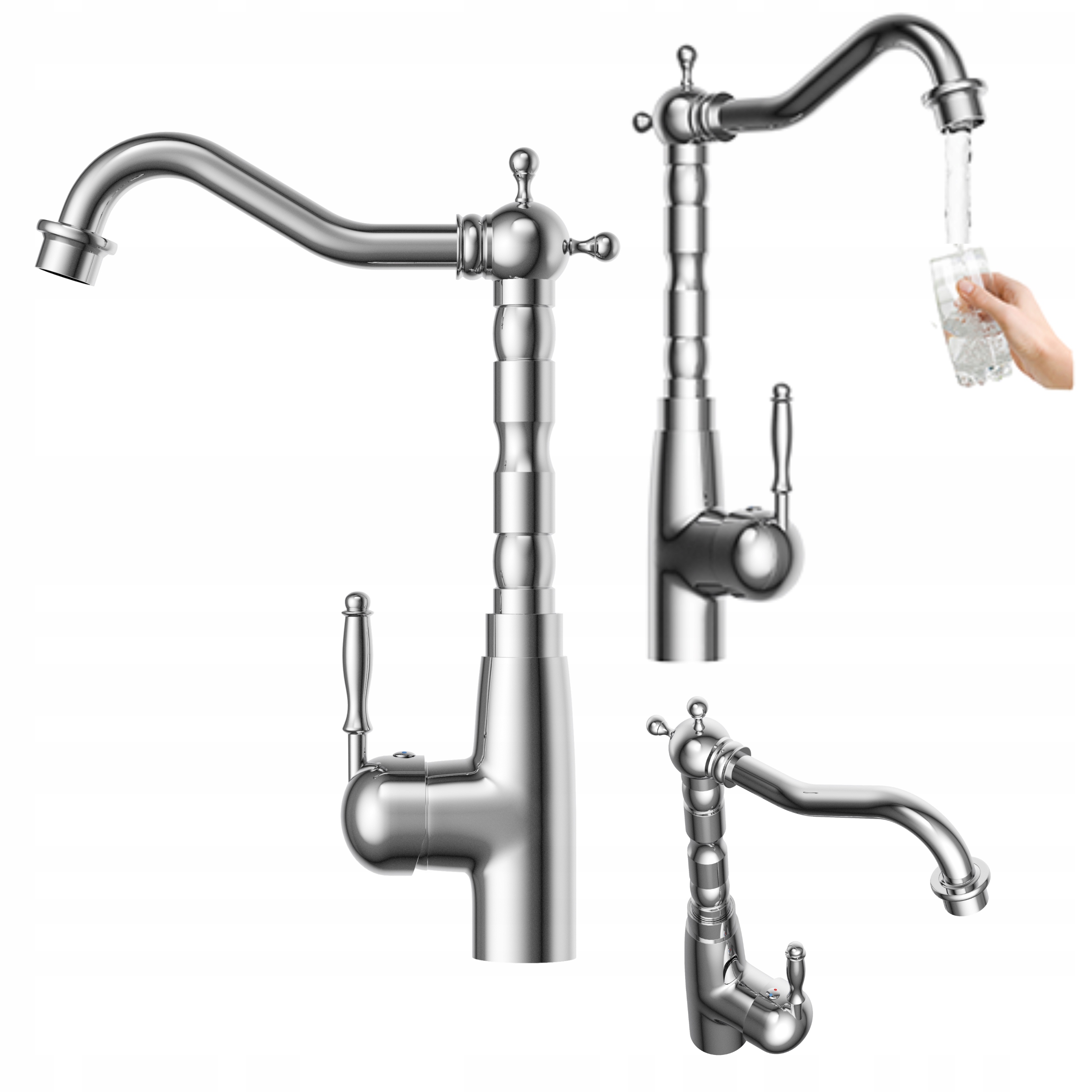 Kuchynská batéria do drezu jednopáková, retro stojanový kohútik, chróm