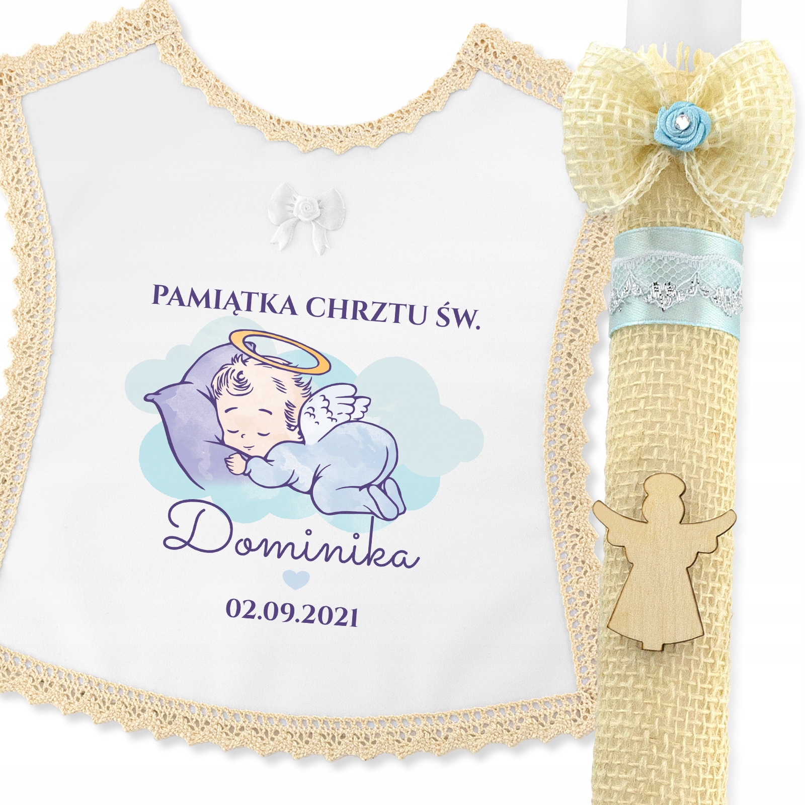 SZATKA I ŚWIECA do chrztu + PUDEŁKO IMIĘ NADRUK Marka inna marka