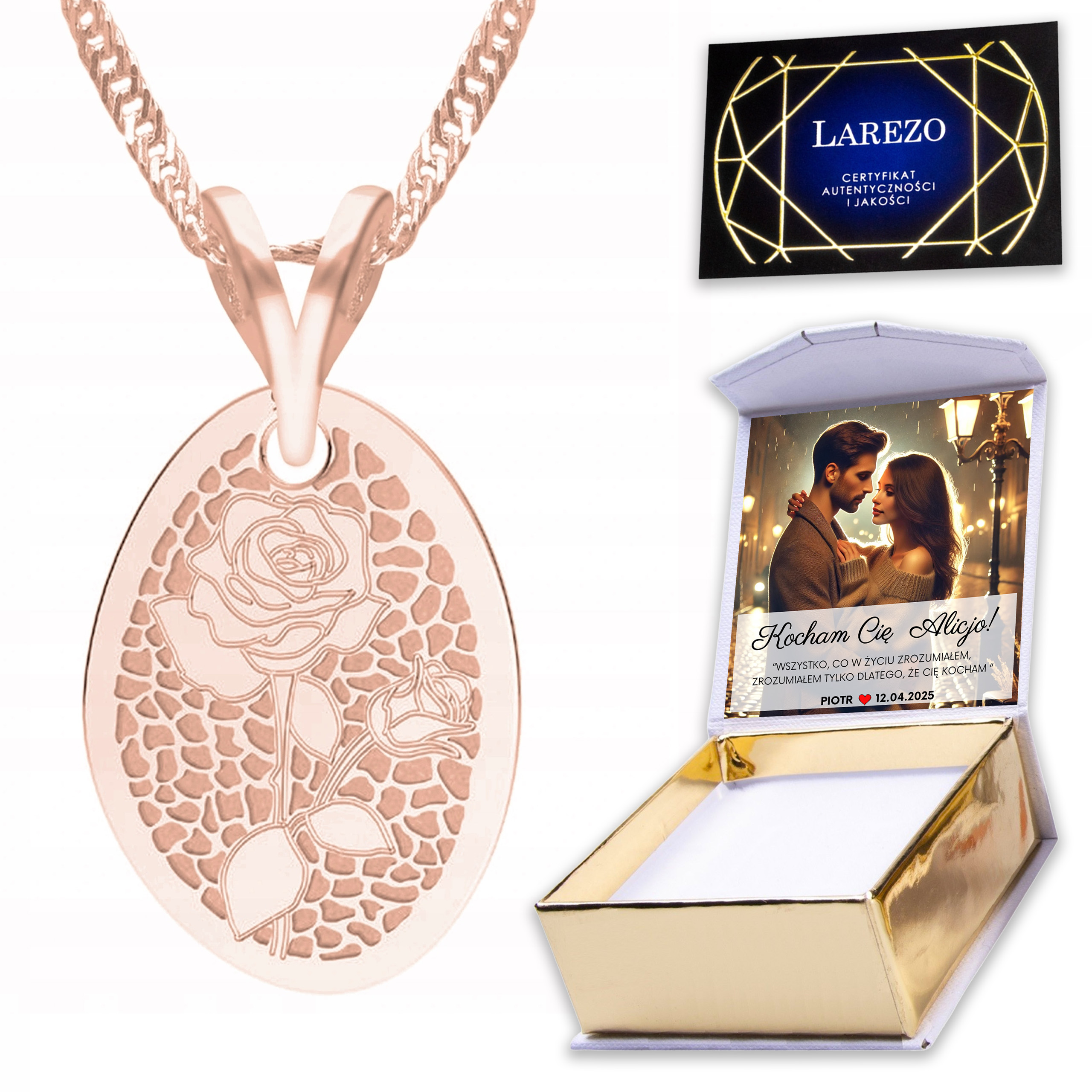 Pozlacený náhrdelník 925 s růží a květem růže Květina Tulipán Potisk