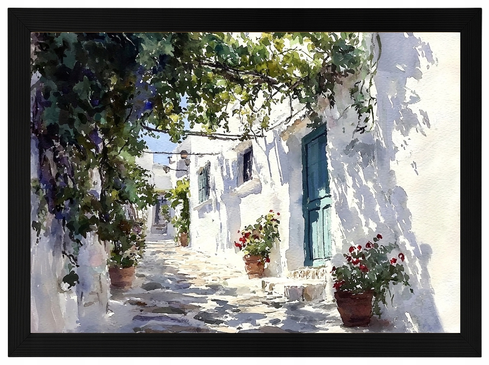 Plakát Rámeček Dřevo Řecko Bílé Domky Květiny Pergola Santorini 100x70