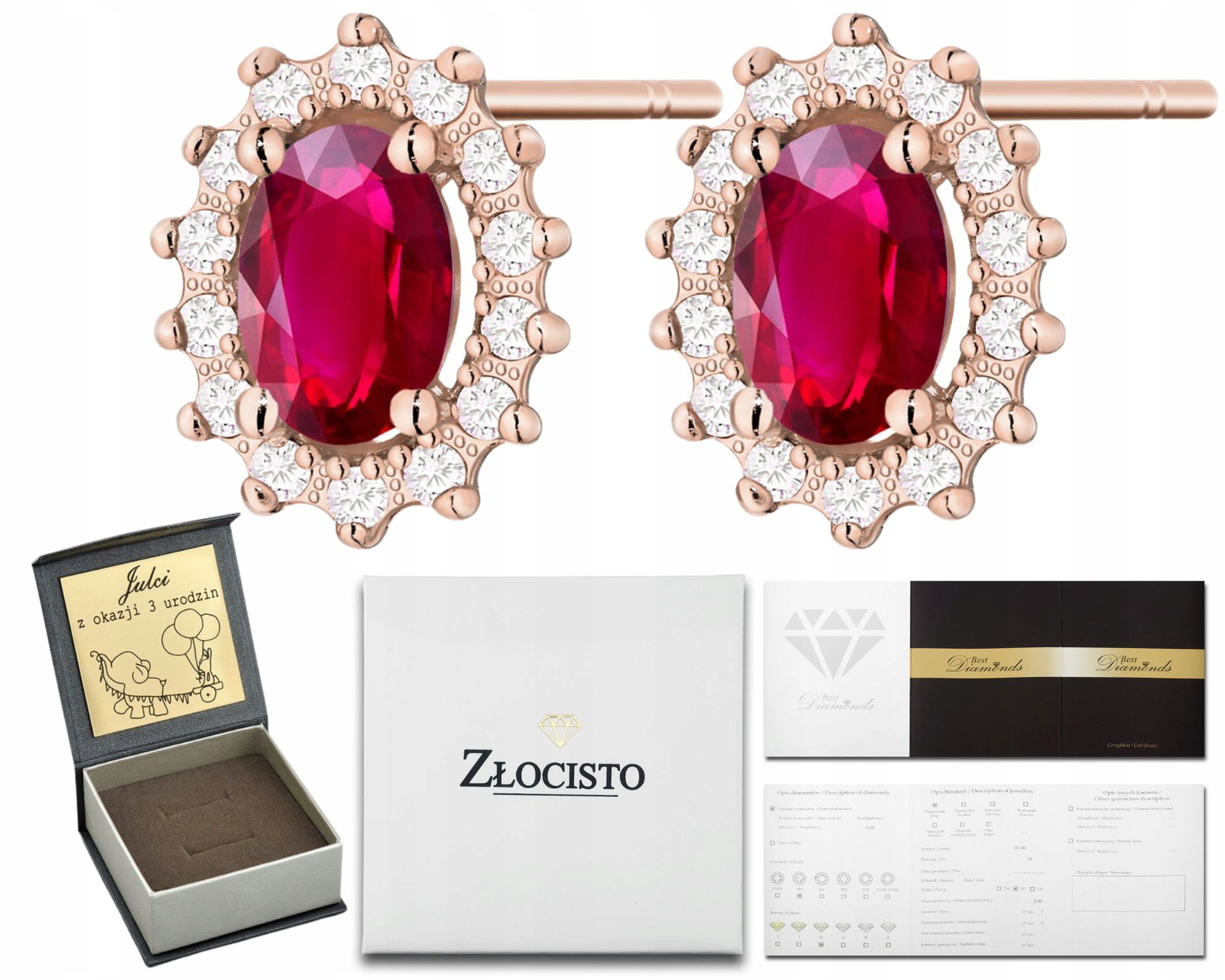 Růžové Zlato Náušnice Červené Rubíny Brilianty Na Tyči Zlato 585