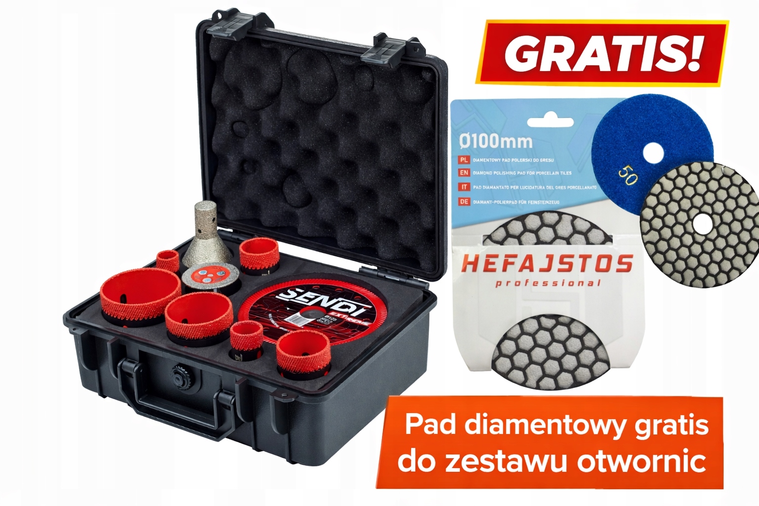 Zestaw otwornic Sendi Ø20-68, frez, tarcza Ø125mm Pad Polerski