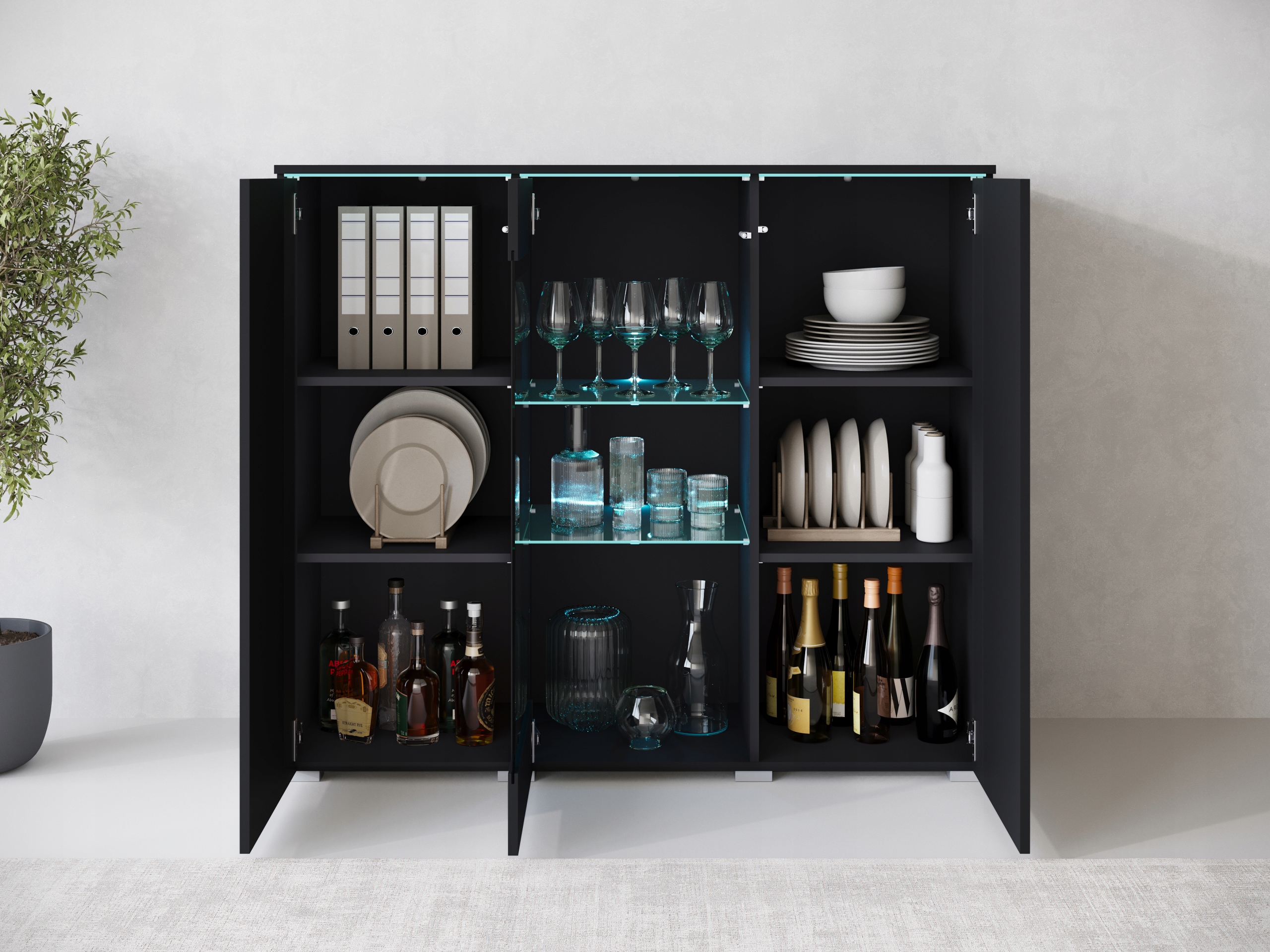 Nowoczesna szeroka witryna, highboard, komoda VERA 120 cm, szklane półki