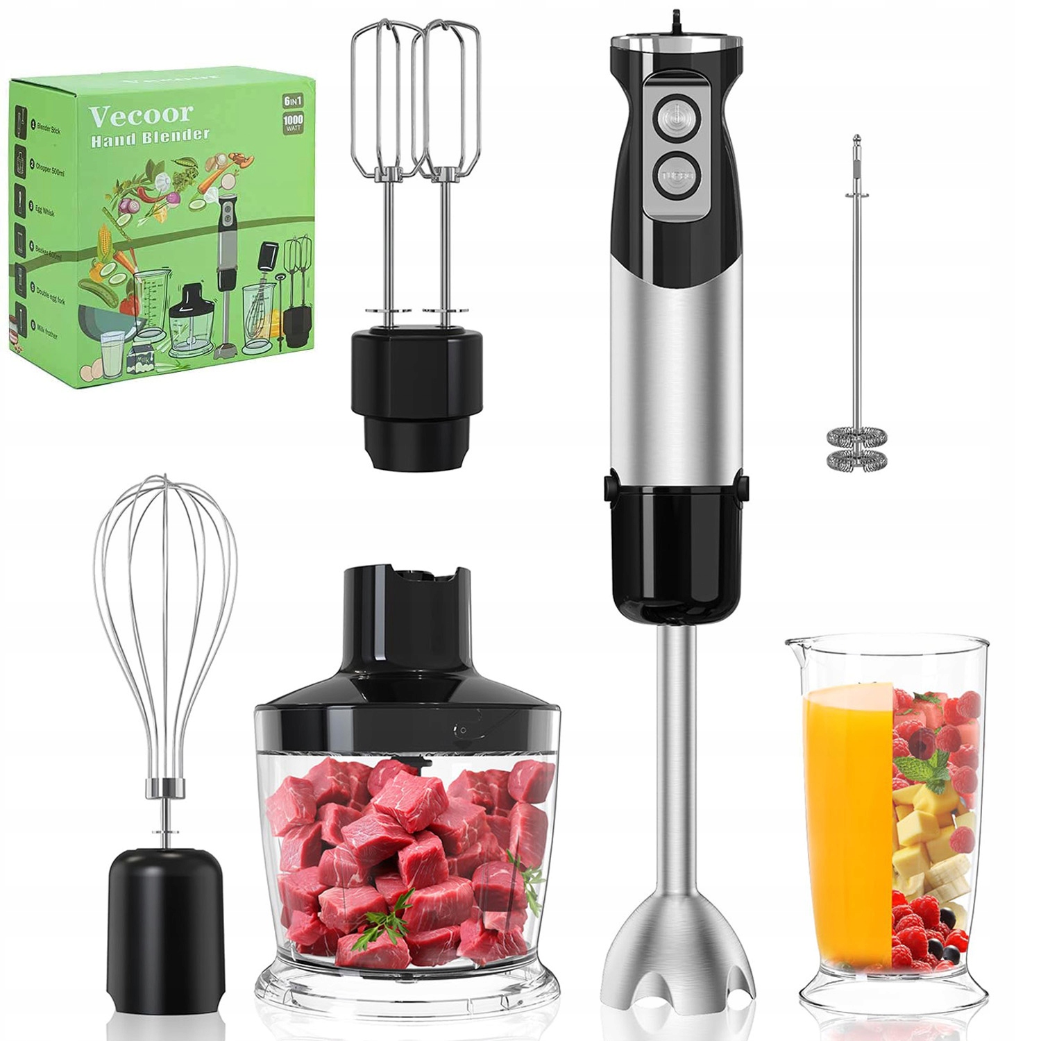 Multifunkční Ruční Mixér S Výkonem 800 W, Nerezová Sada, Ostré Čepele 6V1