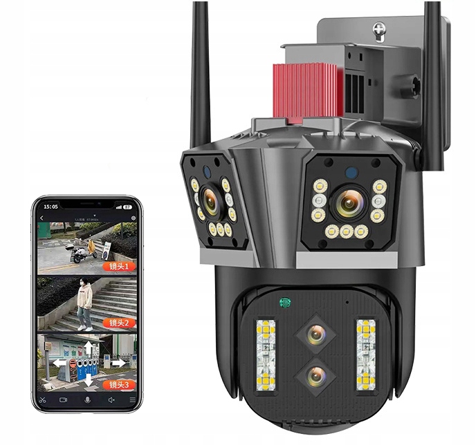 POTRÓJNA PANORAMICZNA KAMERA MONITORINGU OBROTOWA 6MPX LAN WiFi Zoom x 10