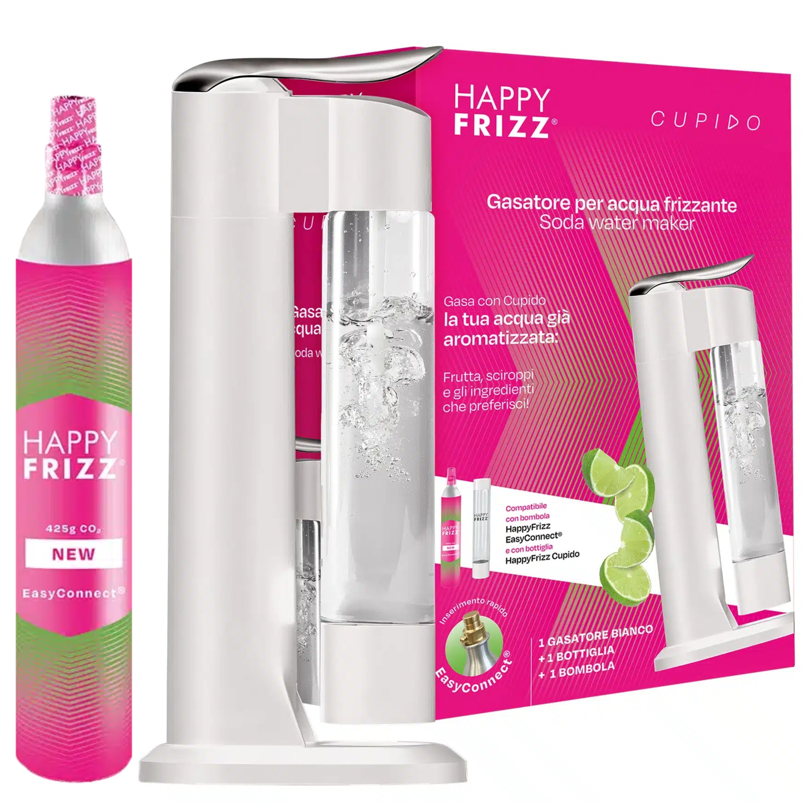 výrobník sody, sifon na perlivou vodu Happy Frizz Cupido Bílý, láhev 700 ml,