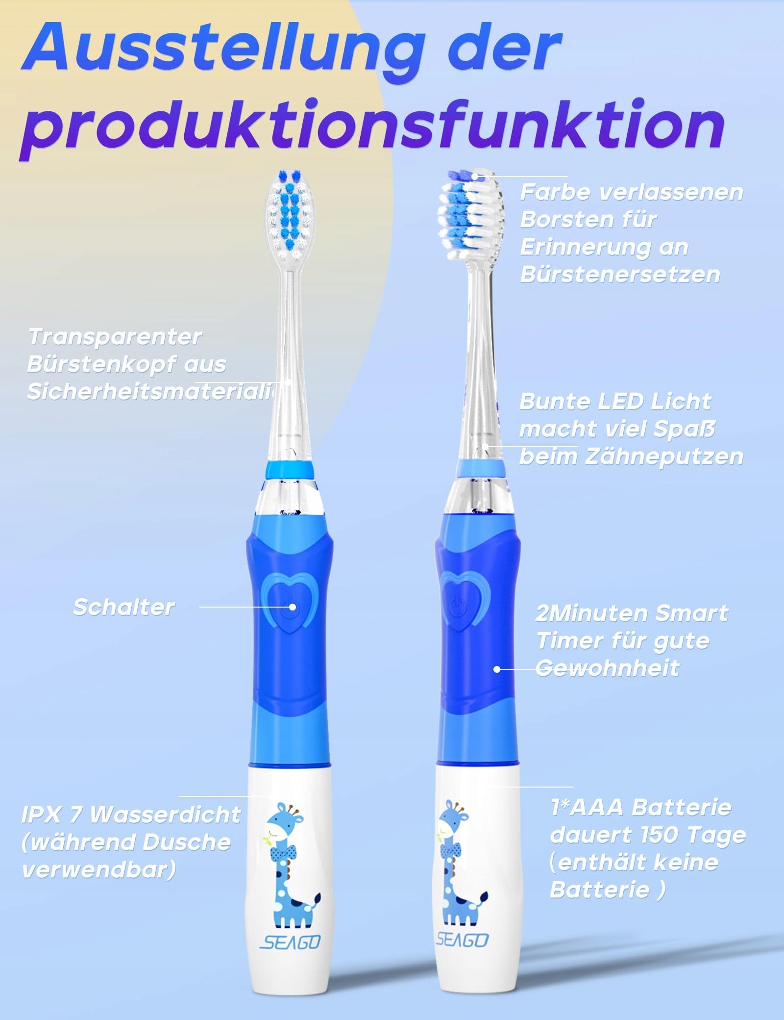 SEAGO Szczoteczka Elektryczna Dla Dzieci 8 Końcówek LED IPX7 Timer — miniatura 4