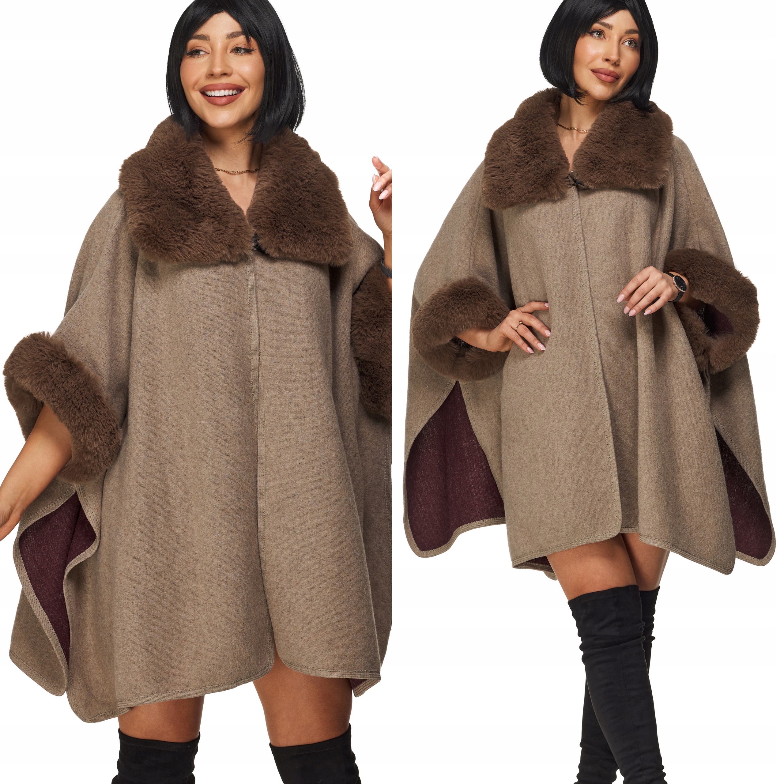 Pončo Dámské teplé zimní vlněné pončo s kožešinou kožešina