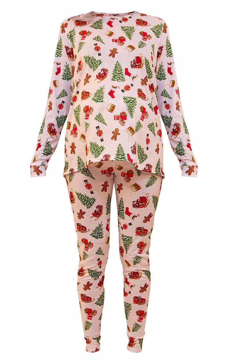 C37F007 KOMPLET PIŻAMA CIĄŻOWA BIAŁA WZÓR ŚWIĄTECZNY PRETTYLITTLETHING XS Rozmiar XS