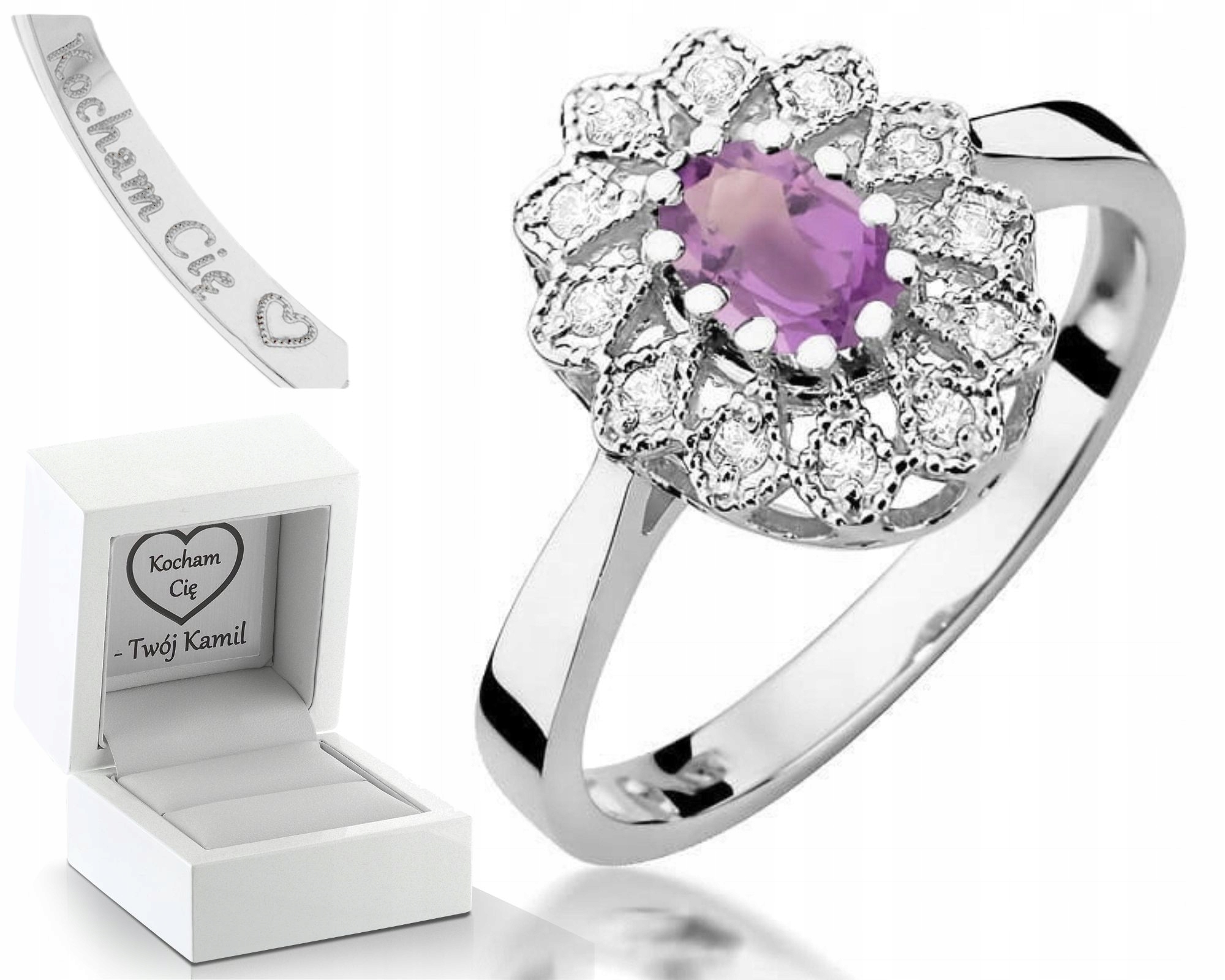 Prstýnek Prsten S Ametystem Z Bílého Zlata Bonus Gravírování 585 Dárek