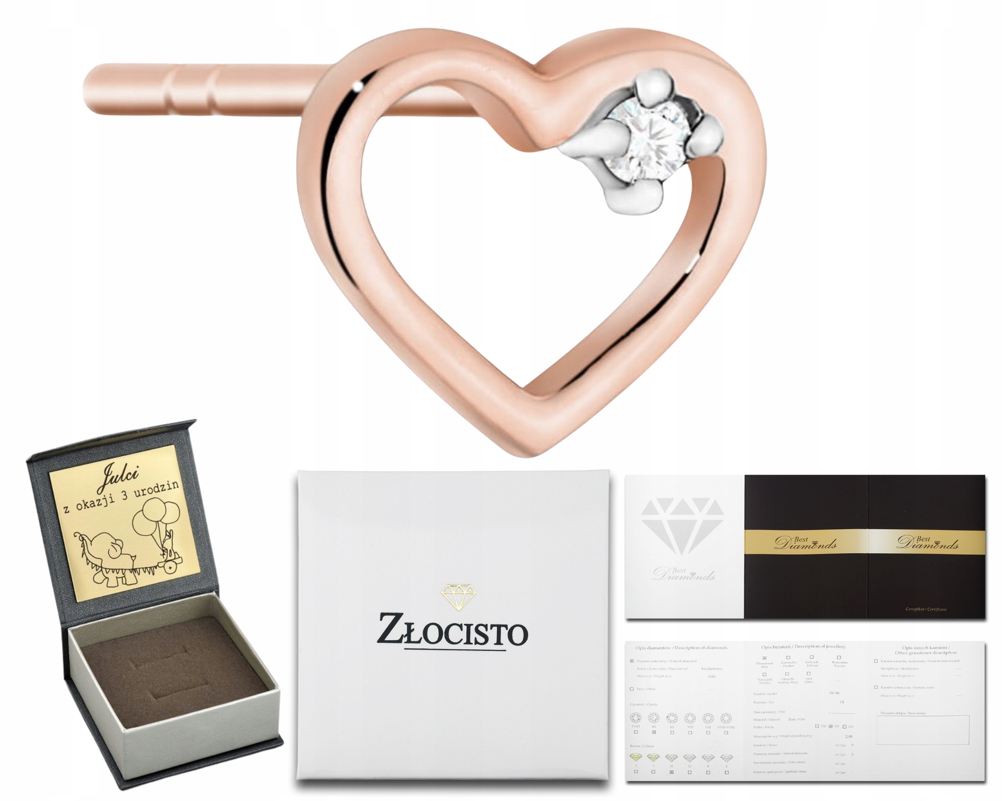 Růžové Zlato Náušnice Srdce Briliant Diamant 1 Kus Helix