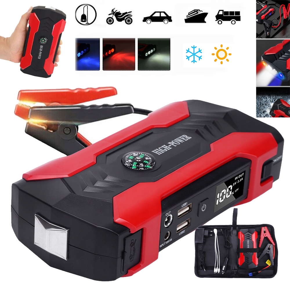 Jump Starter Mocny Rozruch Booster Powerbank Latarka Młotek Kable Zestaw