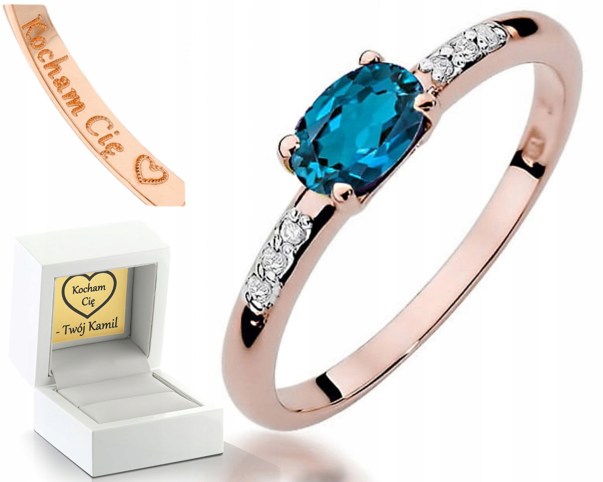 Zlatý Zásnubní Prsten S Londýnským Modrým Prstýnek 585 S Gravírování