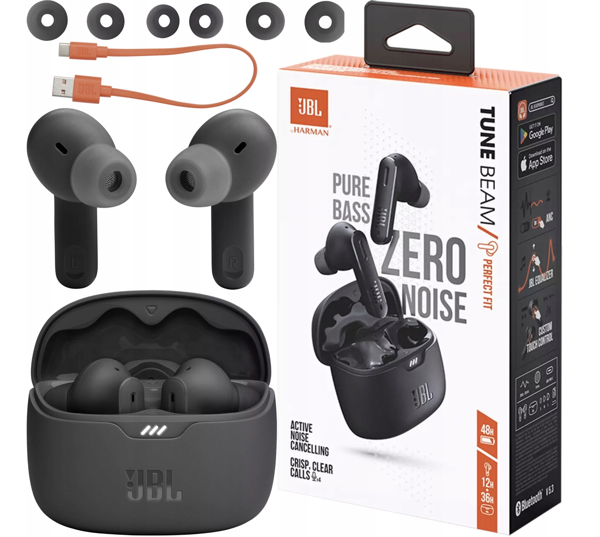 SŁUCHAWKI BEZPRZEWODOWE JBL TUNE BEAM DOKANAŁOWE ANC 4 MIKROFONY BLUETOOTH