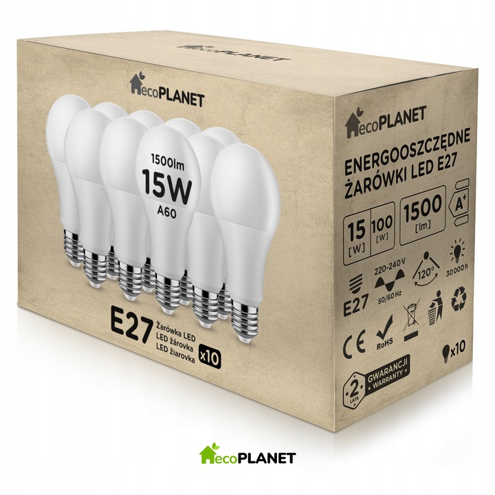 

10x Żarówka Led E27 A60 15W 1500lm Barwy ecoPLANET
