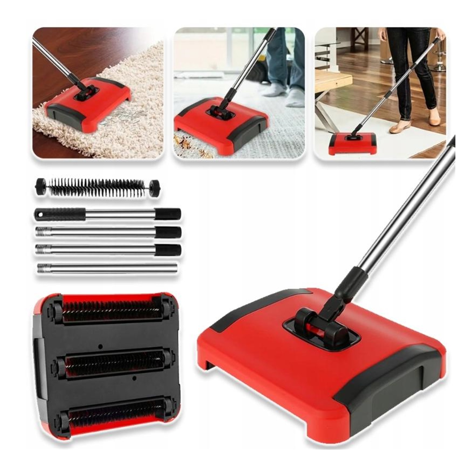 Ruční Zametací Stroj Na Koberce S 3VRSTVOU Kartáčovou Nádobou 110 CM