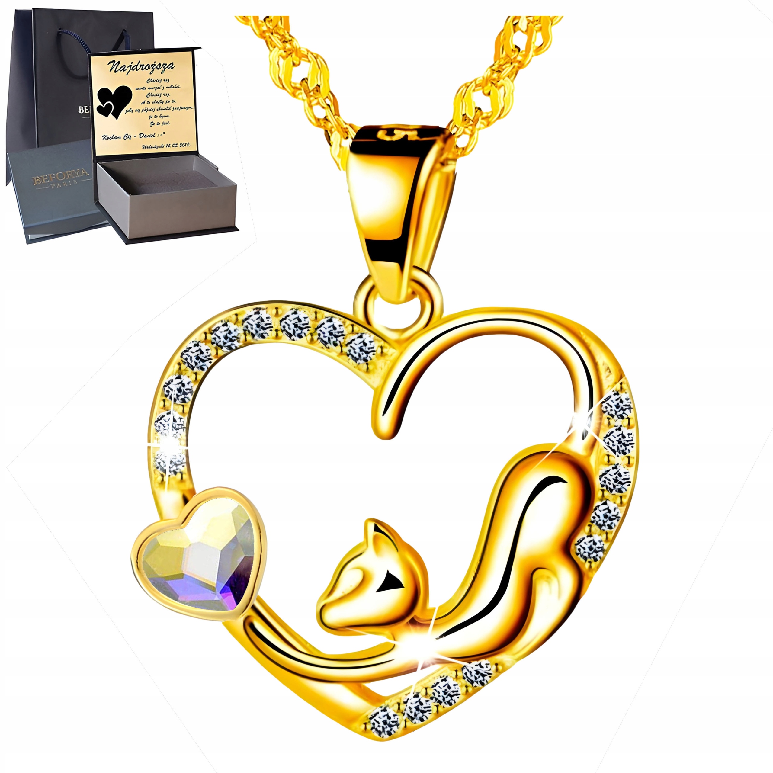 Zlatý náhrdelník Stříbro 925 Pozlacený Přívěsek na Dárek Kočka Srdce Gravírování