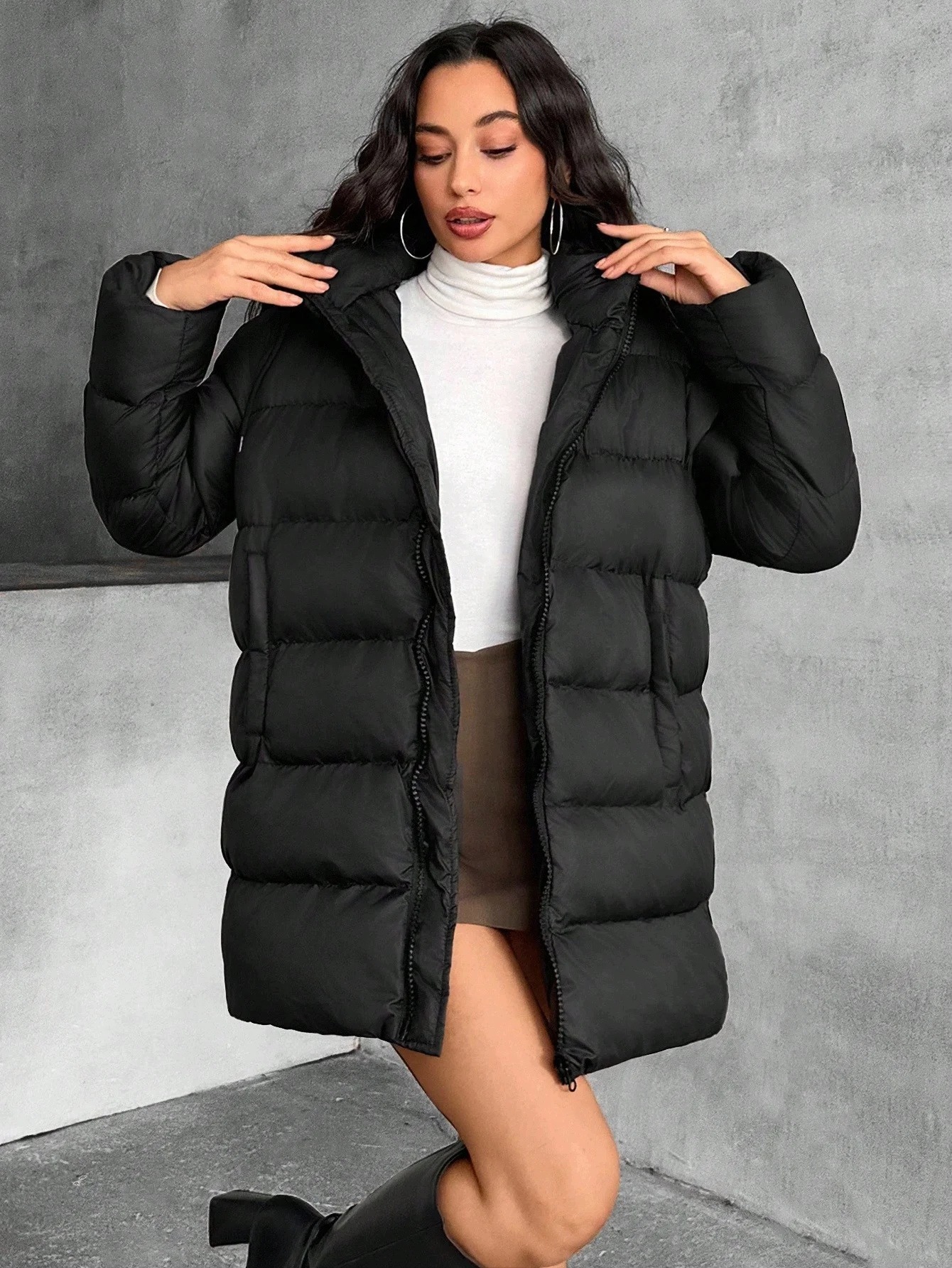 Dámská Černá Oversize Péřová Bunda S Kapucí Zimní Shein S 36