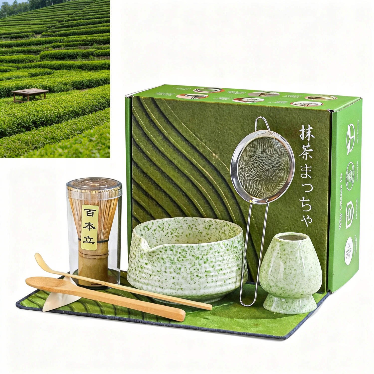 Komplet Matcha 8 Kusů Kouzla S Výlevkou Chasen 2 Lžičky Matcha Zelená