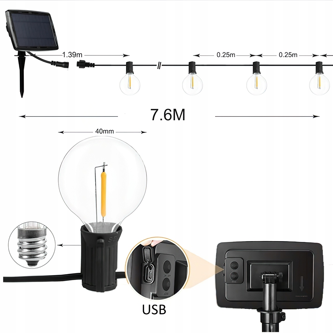 GIRLANDA SOLARNA OGRODOWA 27X 3W WYSOKA JASNOŚĆ LED 7.6M IP65 Z PILOTEM Kolor czarny
