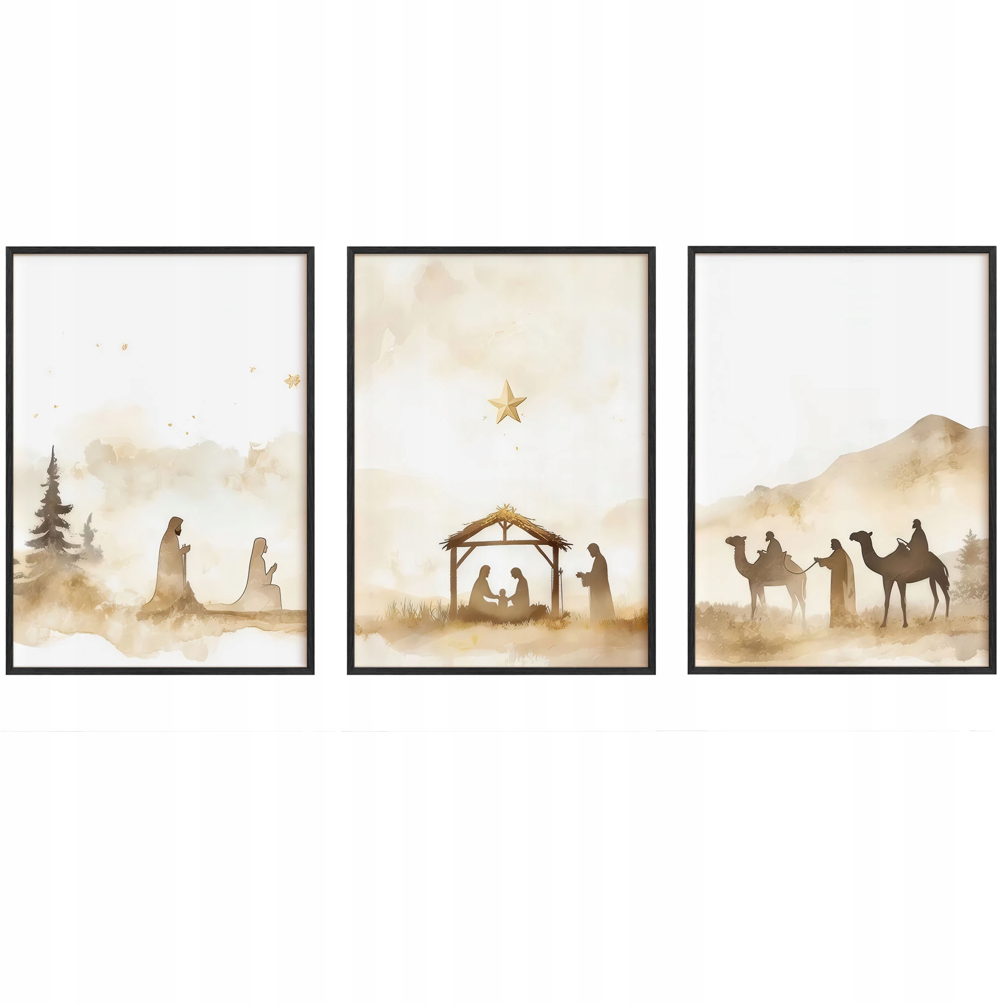 Obrazy Vánoční Betlém Rámečky Dřevěné Černé 3ks 30x42 cm