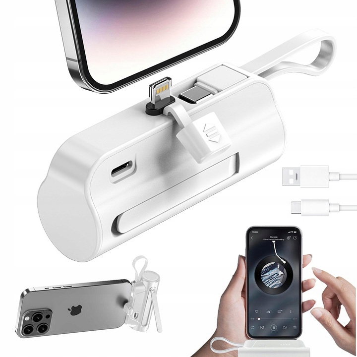 Mini power bank 5000mAh z obsługą IPHONE/TYP-C - BIAŁA