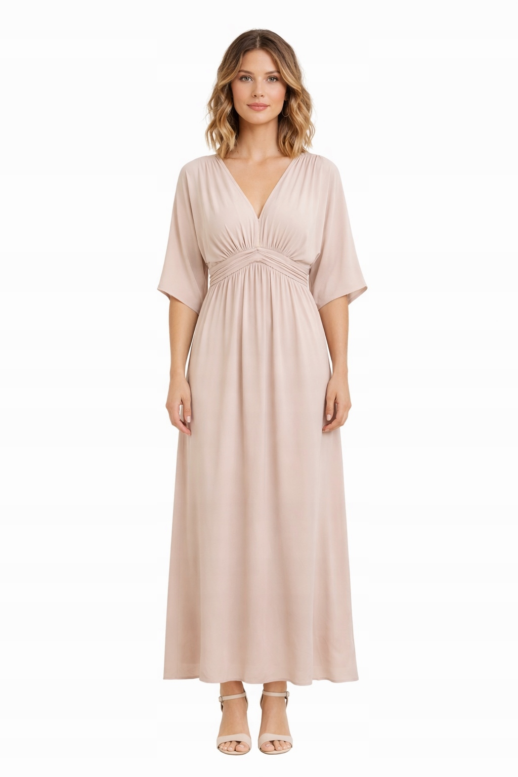 Šaty MIDI S Volánky A Výstřihem Do V Béžová Xs 1I4A