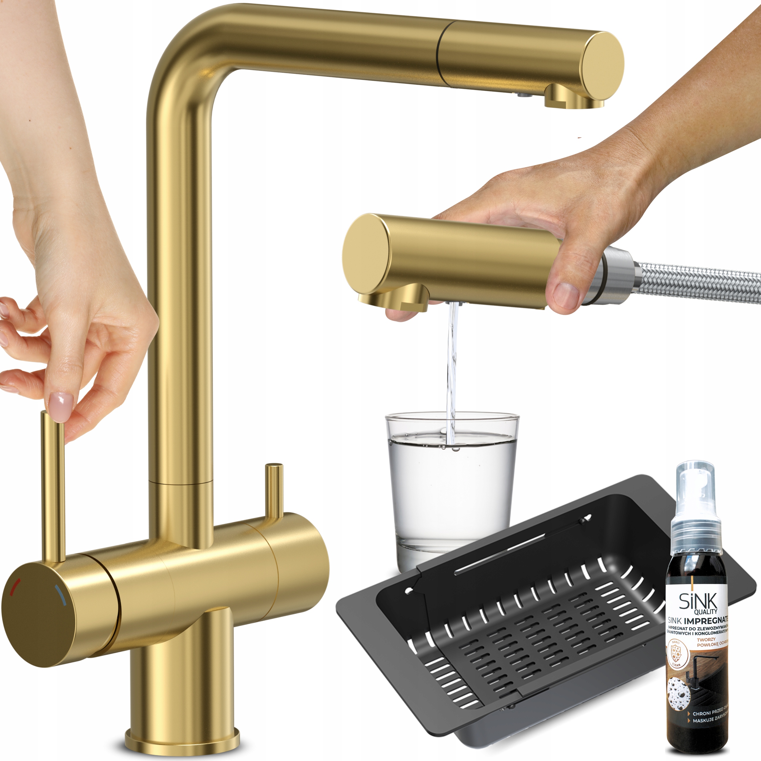 Kuchynská Batéria Trojcestná Zlatá S Výsuvným Výtokovým Filtrom, Dvojpáková